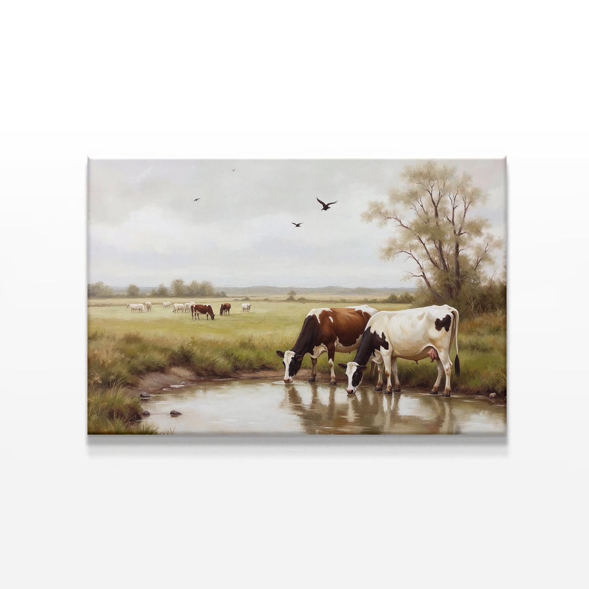 Vintage-style pastoral cow painting depicting a serene countryside with grazing cattle and birds overhead, printed on canvas. Perfect for rustic farmhouse decor, adding warmth and nostalgia to any home or office space.