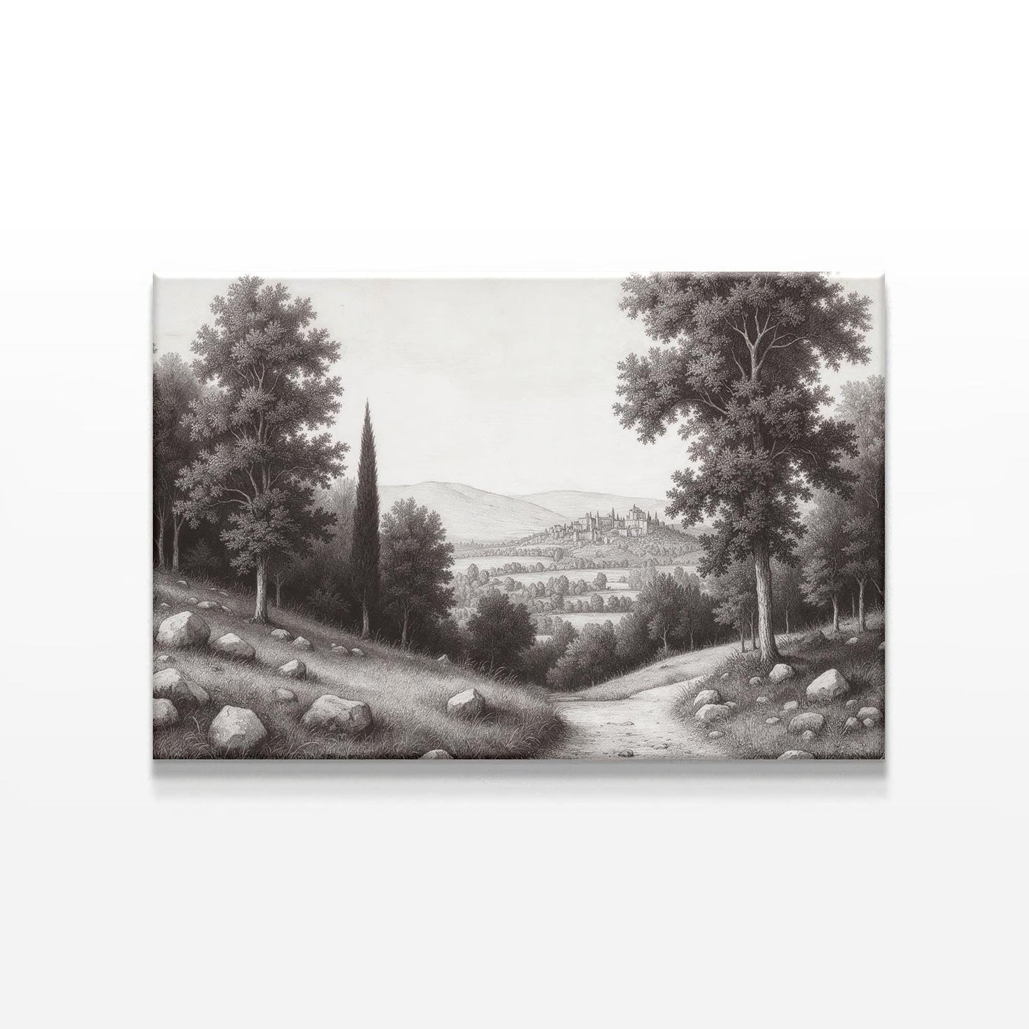 Black and white landscape drawing of a countryside path leading to a distant village, framed by tall trees and scattered rocks, capturing a tranquil rural scene.