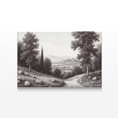 Black and white landscape drawing of a countryside path leading to a distant village, framed by tall trees and scattered rocks, capturing a tranquil rural scene.