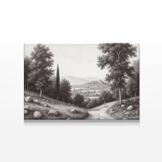 Black and white landscape drawing of a countryside path leading to a distant village, framed by tall trees and scattered rocks, capturing a tranquil rural scene.