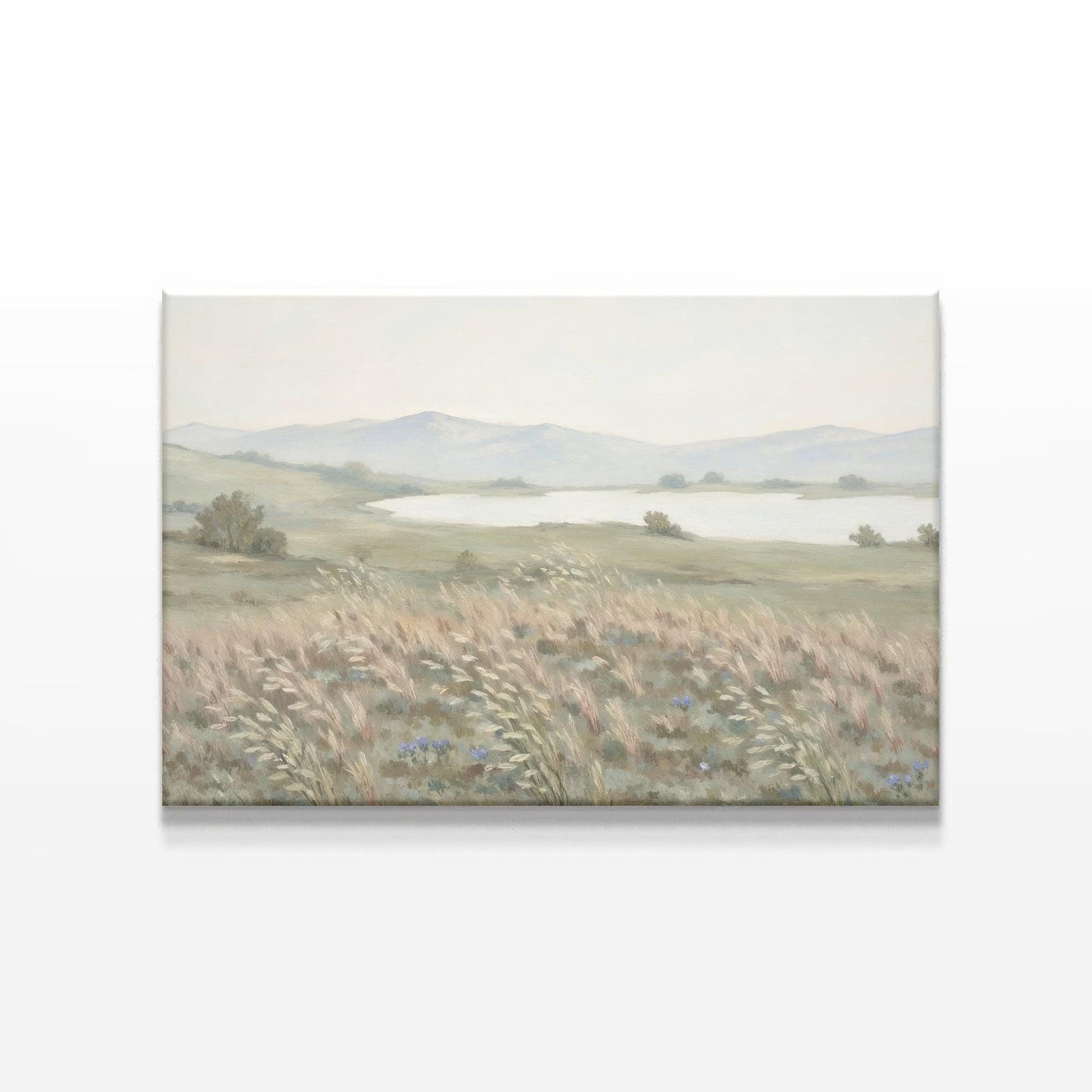 Soft-toned landscape canvas featuring rolling hills and a tranquil lake on a white background. Neutral colors and delicate brushstrokes make it perfect for modern, minimalist, and farmhouse decor styles.