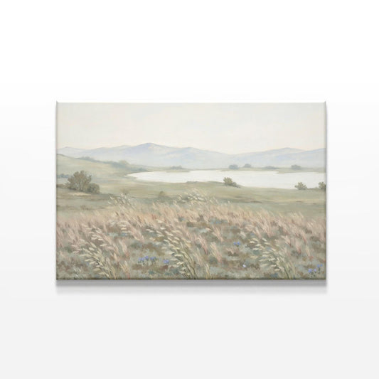 Soft-toned landscape canvas featuring rolling hills and a tranquil lake on a white background. Neutral colors and delicate brushstrokes make it perfect for modern, minimalist, and farmhouse decor styles.