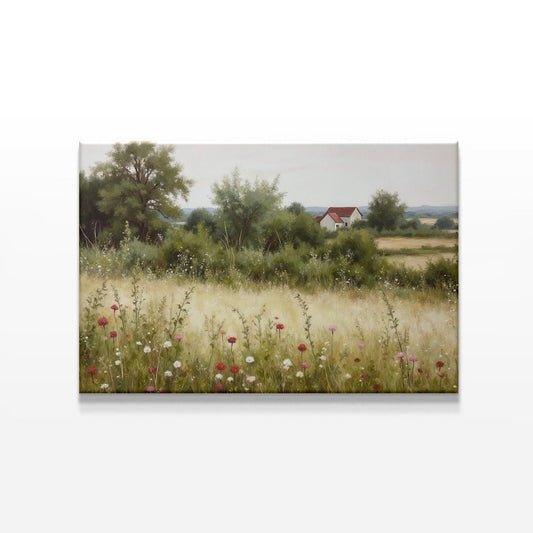 Extra large countryside landscape canvas with soft wildflowers and a distant farmhouse, set against a clean white background, showcasing neutral tones and a serene pastoral aesthetic.