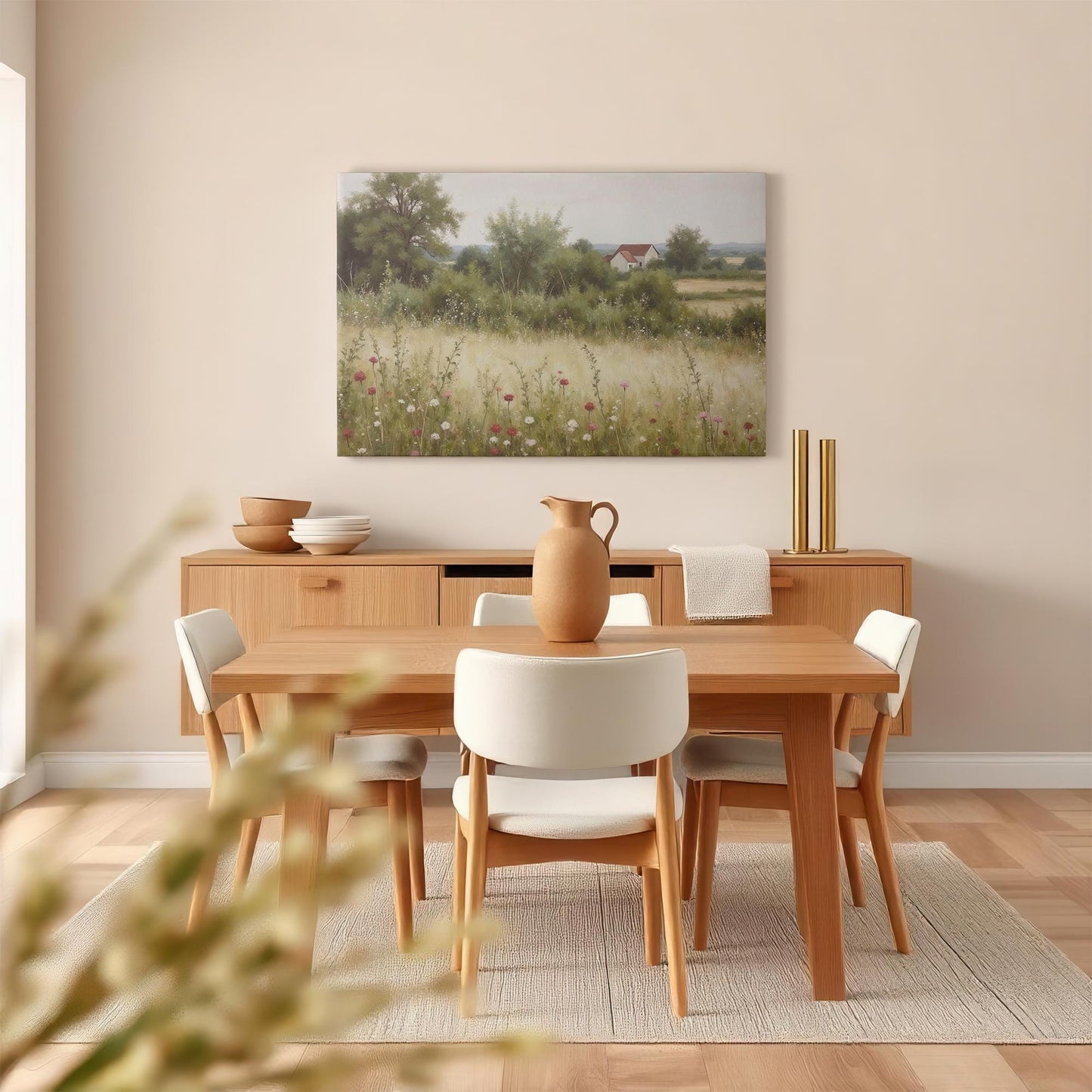 Vintage-inspired landscape canvas featuring a farmhouse and wildflower field, displayed in a cozy dining room with natural wood furniture, soft lighting, and neutral decor for a warm, inviting ambiance.
