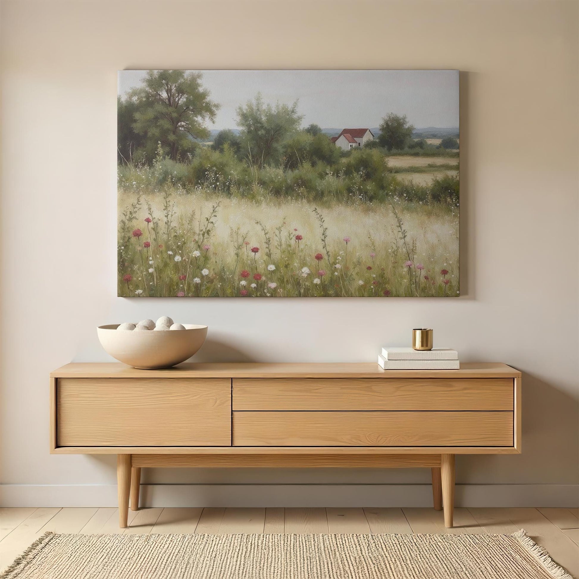 Large canvas wall art featuring a countryside landscape with wildflowers and a distant farmhouse, styled in a modern minimalist room with a wooden sideboard, neutral decor, and soft lighting.