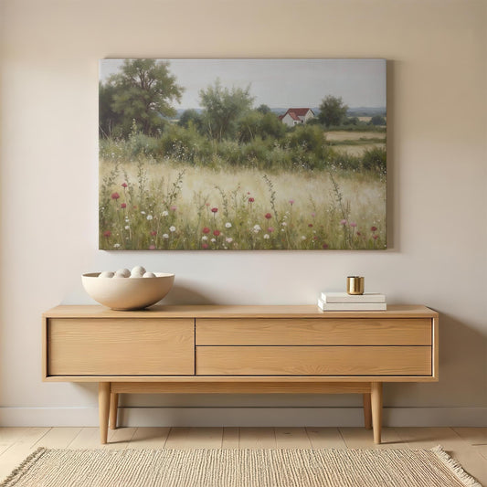 Large canvas wall art featuring a countryside landscape with wildflowers and a distant farmhouse, styled in a modern minimalist room with a wooden sideboard, neutral decor, and soft lighting.