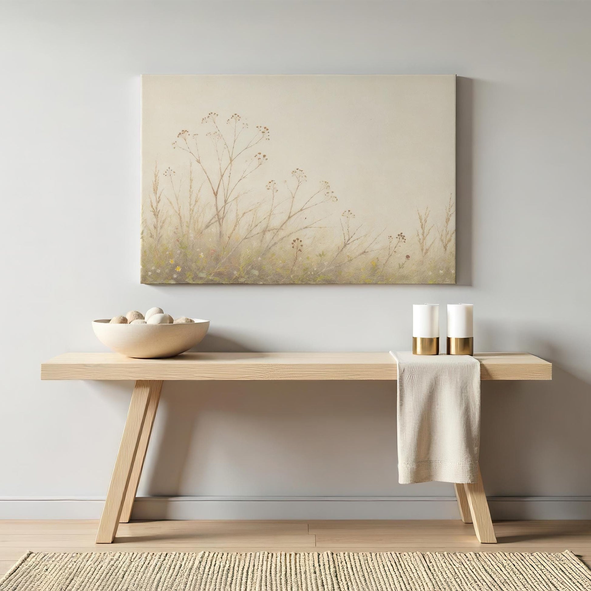 Minimalist nature art print on canvas featuring delicate wildflowers against a neutral backdrop. Displayed above a modern wooden console table with stone decor and gold-accented candles.