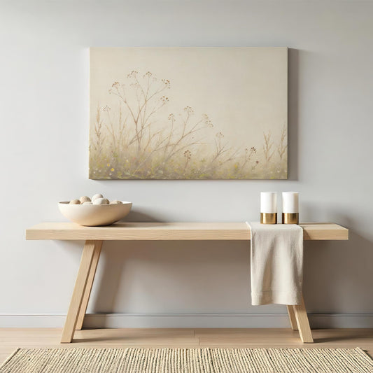 Minimalist nature art print on canvas featuring delicate wildflowers against a neutral backdrop. Displayed above a modern wooden console table with stone decor and gold-accented candles.