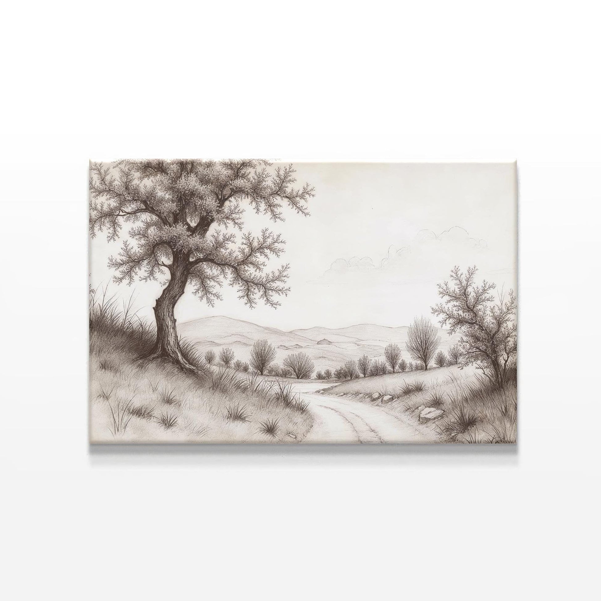 Black and white pencil drawing of a countryside landscape featuring an old tree on a hill, winding dirt road, and rolling mountains in the background. Monochrome wall art on stretched canvas.