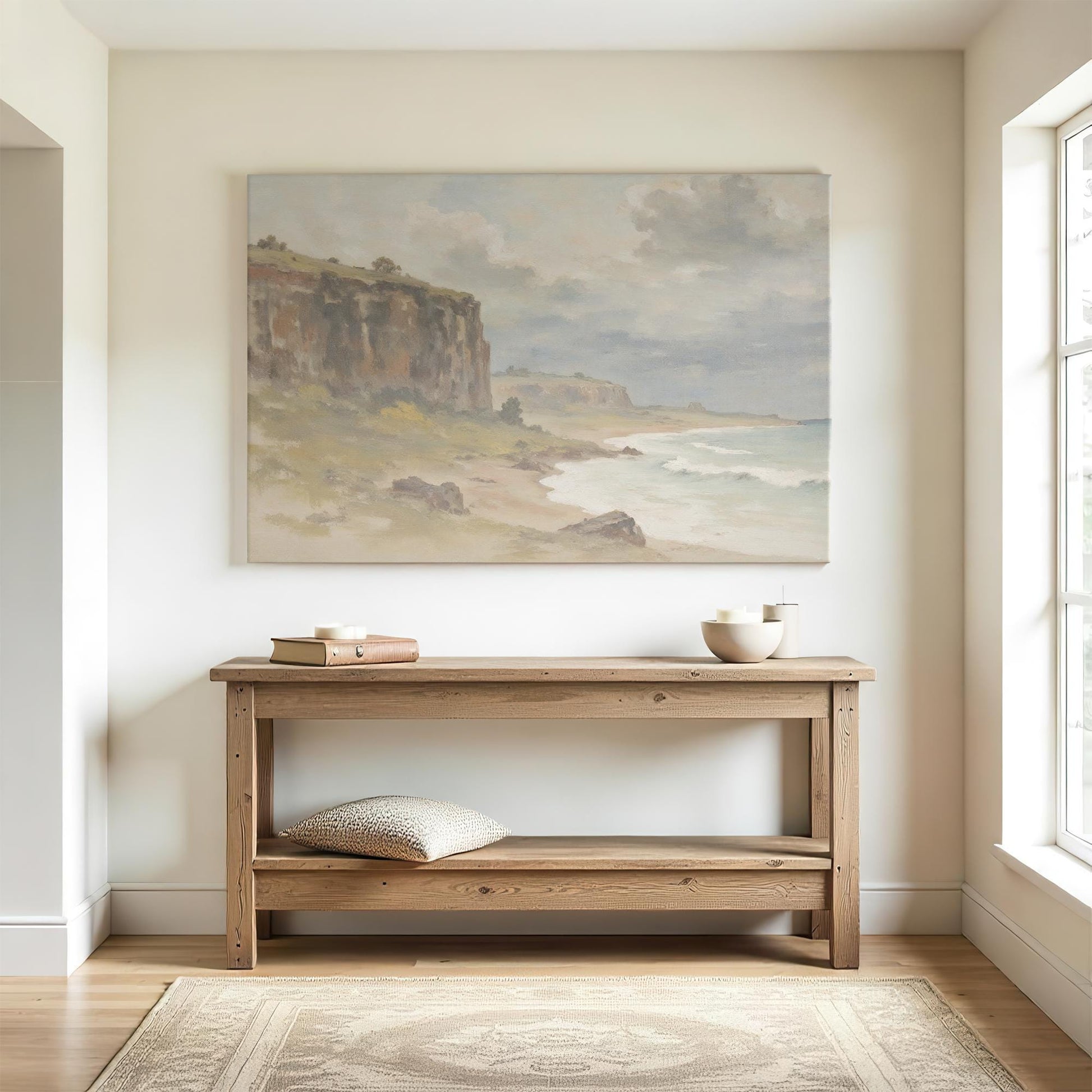 Large Canvas Wall Art | Vintage Landscape Painting Canvas | Peaceful Coastal Print | Neutral Nature Wall Decor | Ocean Canvas Art