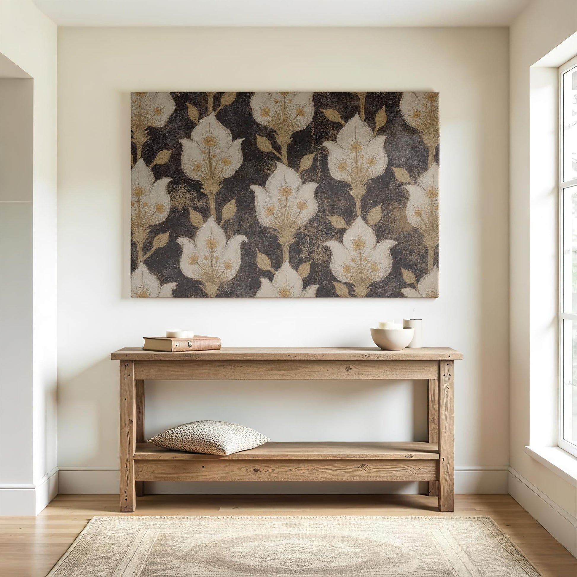 Minimalist entryway featuring a vintage floral canvas print with muted gold and black tones. Styled with a rustic wooden console table, neutral decor, and natural light for a warm, inviting atmosphere.