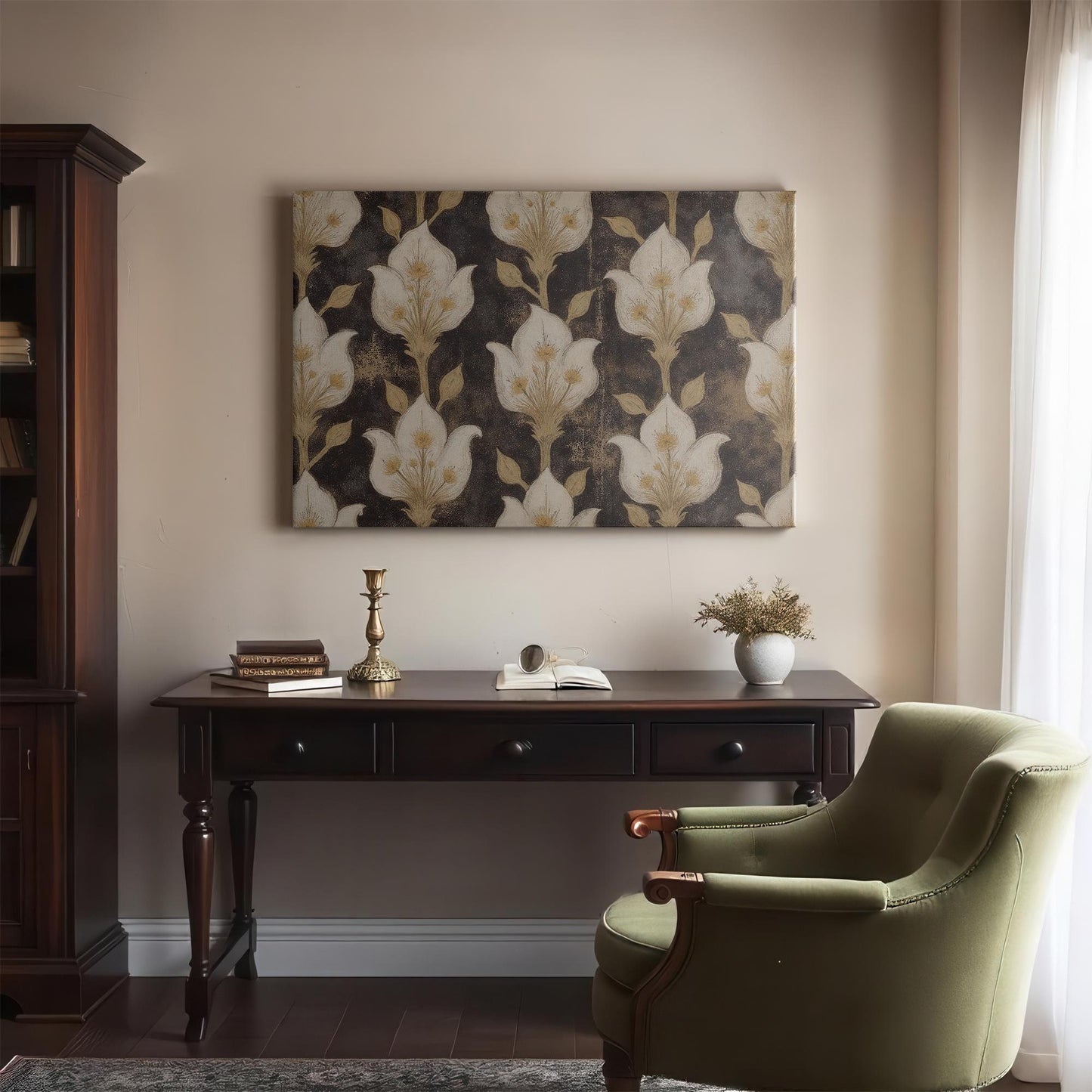 Elegant office space featuring a dark wood desk, antique-style decor, and a vintage floral-patterned canvas print. The muted gold and black artwork adds sophistication, complementing the classic interior.