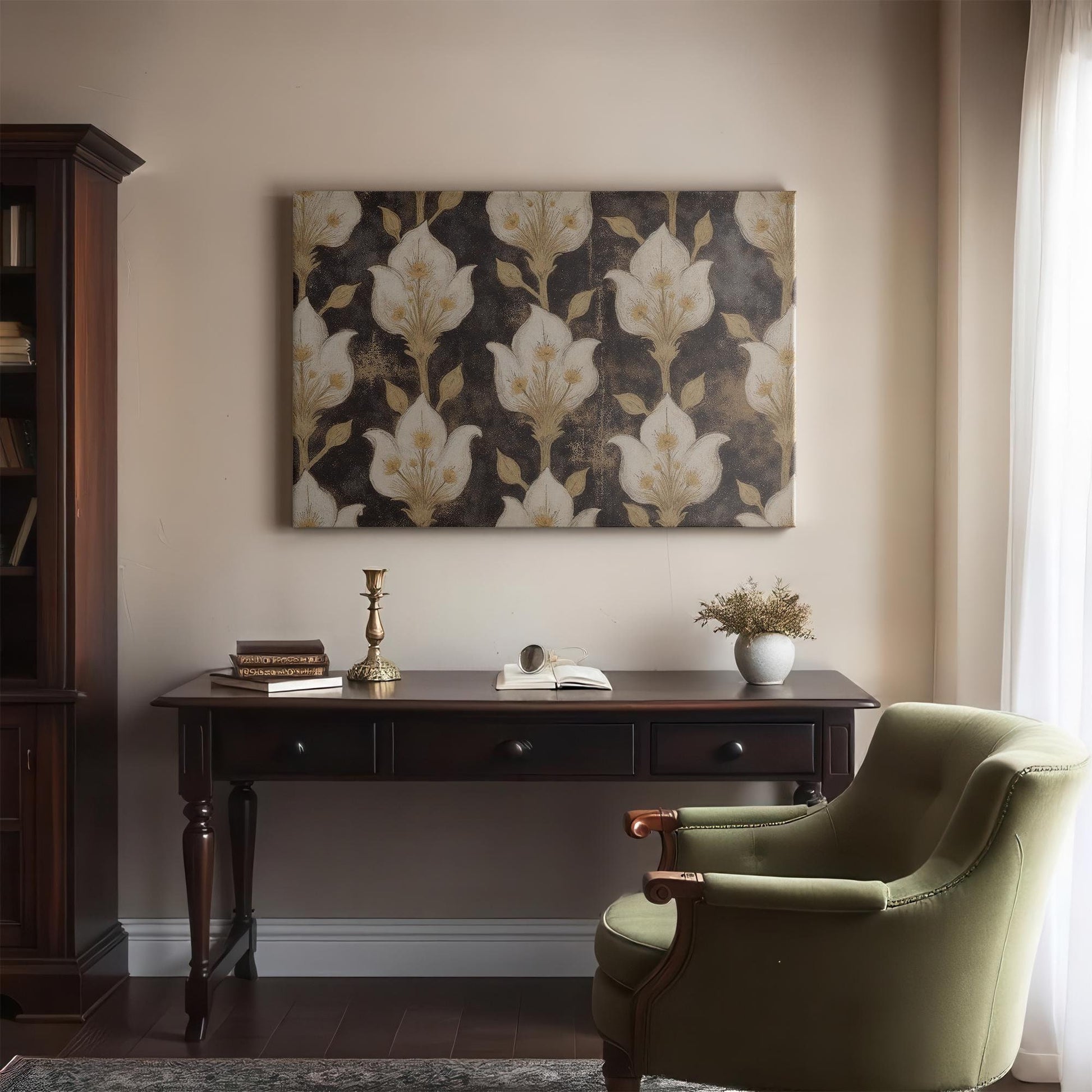 Elegant office space featuring a dark wood desk, antique-style decor, and a vintage floral-patterned canvas print. The muted gold and black artwork adds sophistication, complementing the classic interior.