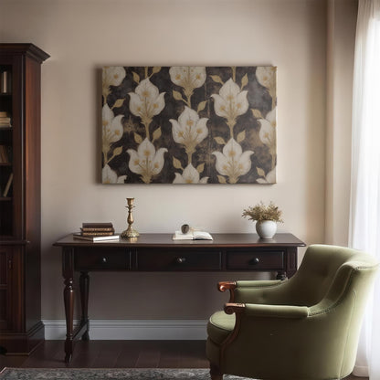 Elegant office space featuring a dark wood desk, antique-style decor, and a vintage floral-patterned canvas print. The muted gold and black artwork adds sophistication, complementing the classic interior.