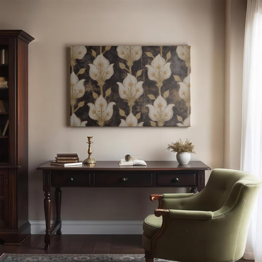 Elegant office space featuring a dark wood desk, antique-style decor, and a vintage floral-patterned canvas print. The muted gold and black artwork adds sophistication, complementing the classic interior.