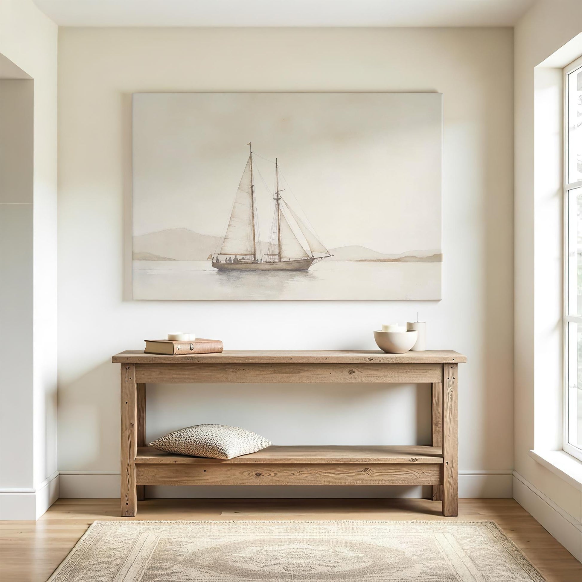 A bright entryway with a large sailboat canvas print mounted above a wooden console table. Soft natural light, neutral decor, and a minimalist aesthetic create a serene coastal-inspired space.