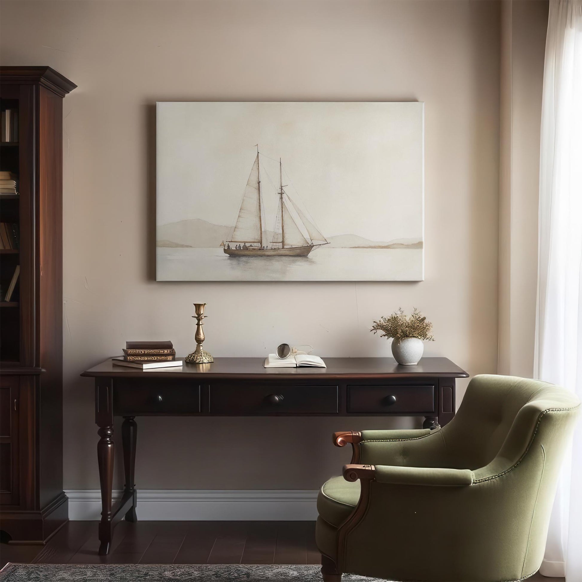 A sophisticated study featuring a sailboat canvas print above a dark wood desk. Elegant decor elements, including a brass candlestick, vintage books, and an olive-green armchair, create a classic, timeless workspace.
