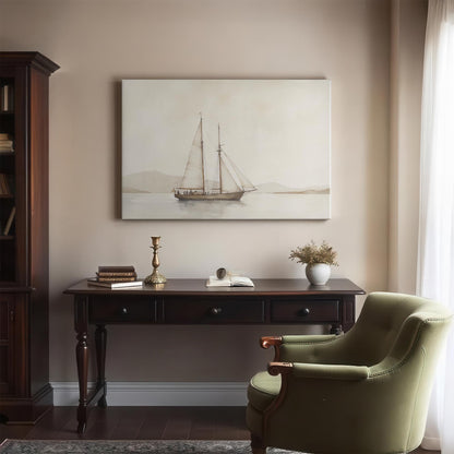 A sophisticated study featuring a sailboat canvas print above a dark wood desk. Elegant decor elements, including a brass candlestick, vintage books, and an olive-green armchair, create a classic, timeless workspace.