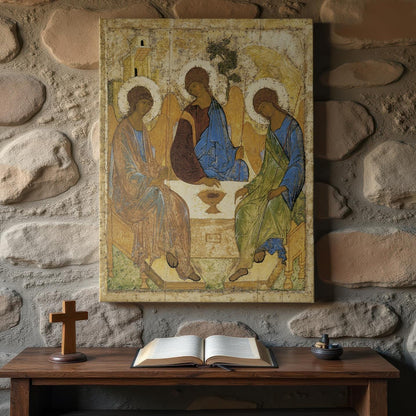 An Orthodox Holy Trinity icon canvas print, featuring Andrei Rublev’s masterpiece, is mounted on a rustic stone wall. A wooden altar with an open Bible and cross enhances the sacred atmosphere.