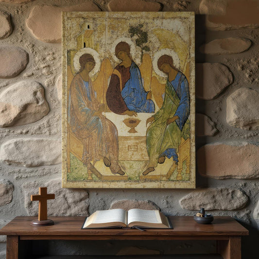 An Orthodox Holy Trinity icon canvas print, featuring Andrei Rublev’s masterpiece, is mounted on a rustic stone wall. A wooden altar with an open Bible and cross enhances the sacred atmosphere.