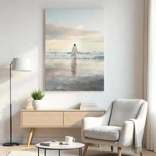 Modern living room with light furniture and a wood console, featuring a canvas of Jesus walking by the ocean, creating a peaceful, spiritual focal point for the room.