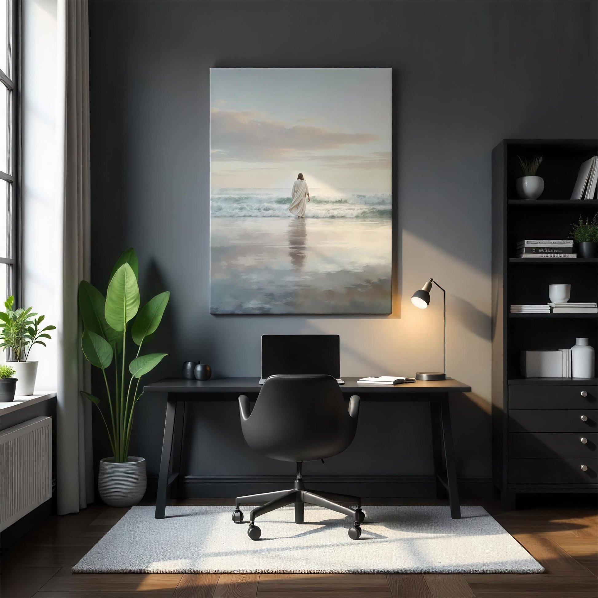 Stylish home office with dark tones, featuring a canvas of Jesus walking along the shore, creating a serene and uplifting presence in the workspace.