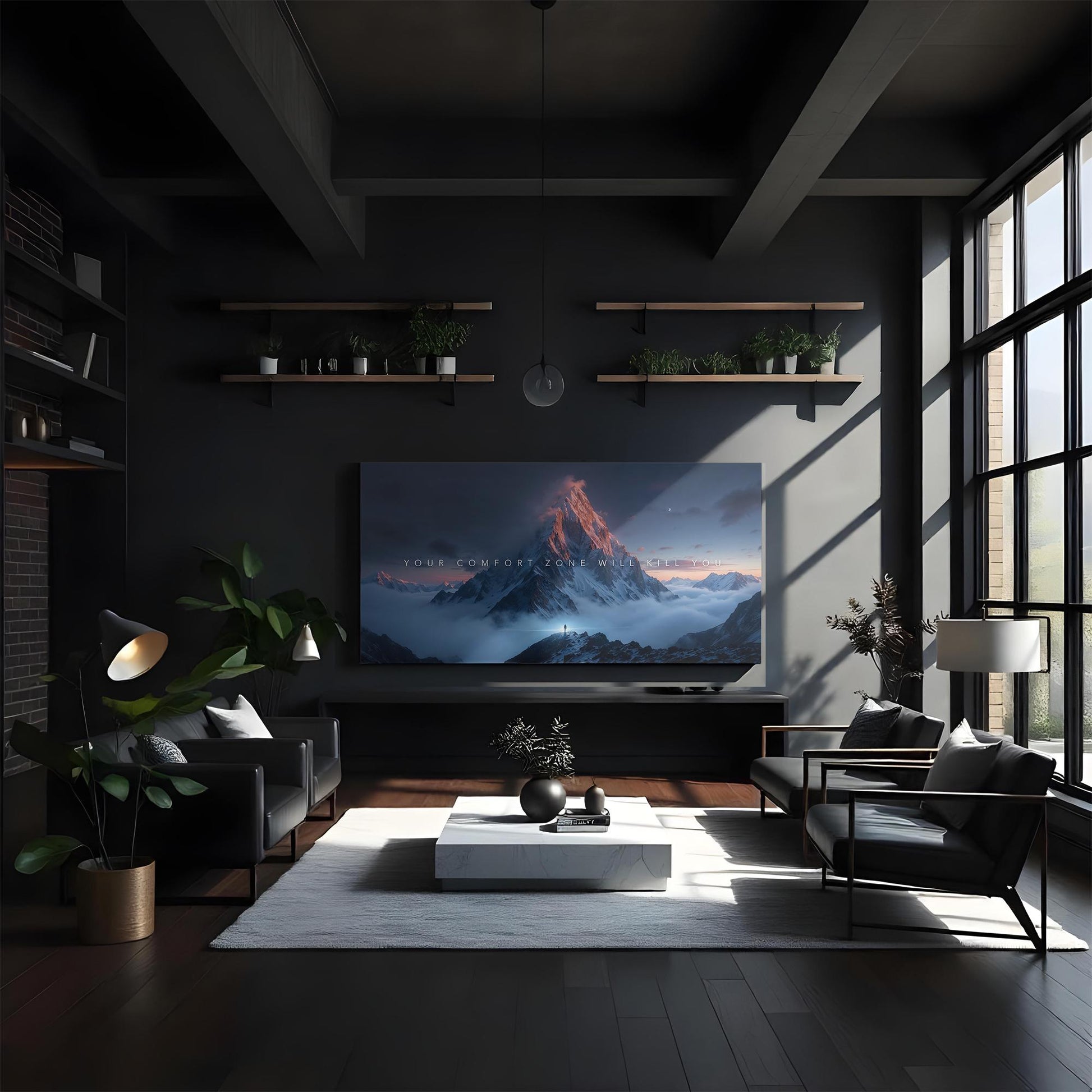 Stylish living room with high ceilings and a contemporary design. A large 60&quot;x30&quot; canvas displaying the mountain scene and the words &quot;Your Comfort Zone Will Kill You&quot; hangs on the wall, illuminated by soft light from the windows.