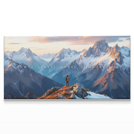 A large canvas of snow-capped mountains with a lone hiker standing on a peak in a dramatic, serene landscape. The colors reflect golden tones and cold blues, with soft lighting highlighting the silhouette of the figure.