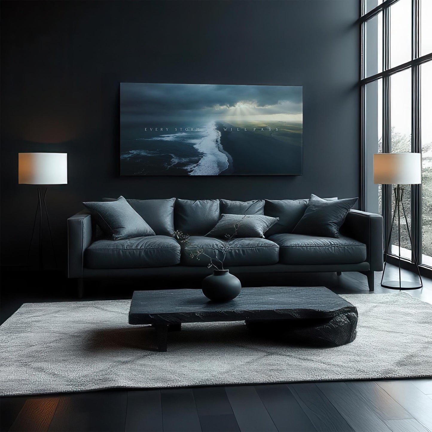 A chic, dark-toned living room with a comfortable gray sofa and minimalist décor. The &quot;Every Storm Will Pass&quot; artwork is prominently displayed above the sofa, complementing the room&#39;s serene yet contemporary vibe.