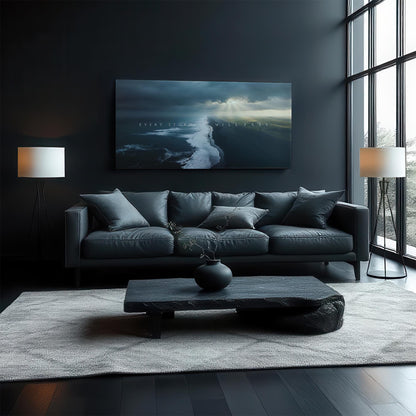 A chic, dark-toned living room with a comfortable gray sofa and minimalist décor. The &quot;Every Storm Will Pass&quot; artwork is prominently displayed above the sofa, complementing the room&#39;s serene yet contemporary vibe.