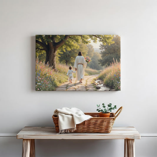 A cozy, minimalist room featuring a warm-toned table with a basket and plants, with the &quot;Jesus walking with child&quot; canvas artwork hanging on the wall. The soft lighting and neutral colors create a calm, welcoming environment.