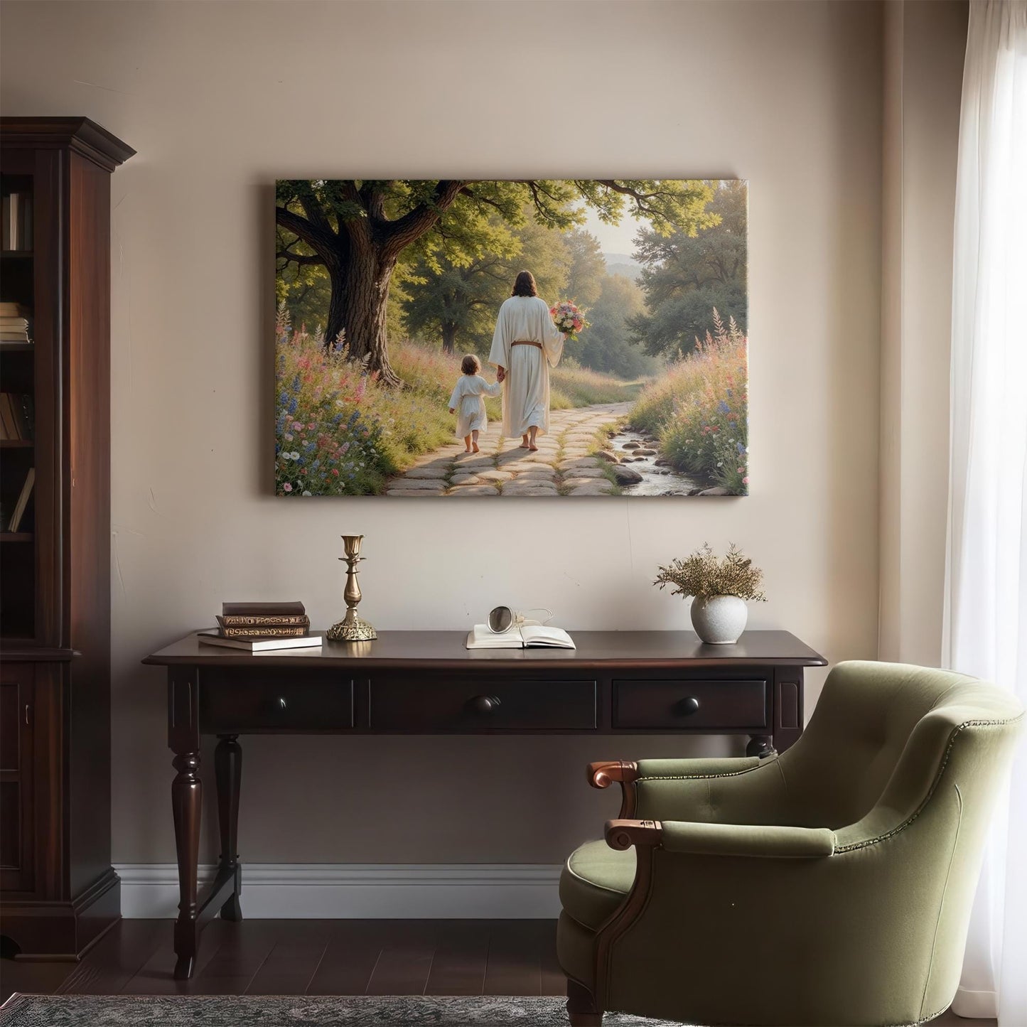 A classic study or library with dark wooden furniture and a comfortable green chair. The &quot;Jesus walking with child&quot; canvas art hangs above a desk, creating a peaceful, spiritual ambiance that complements the cozy, intellectual setting.