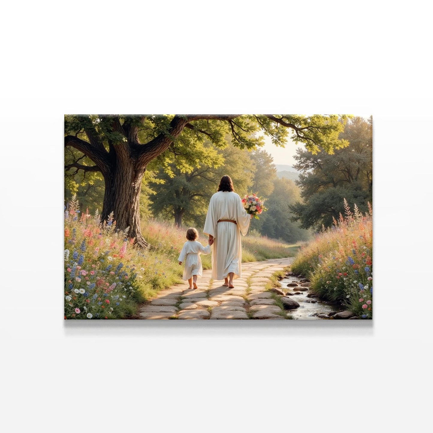 Jesus, wearing a white robe, walks hand-in-hand with a child along a stone path in a vibrant garden filled with wildflowers. The sun is shining through the trees, creating a peaceful and uplifting atmosphere as they walk toward a serene horizon.