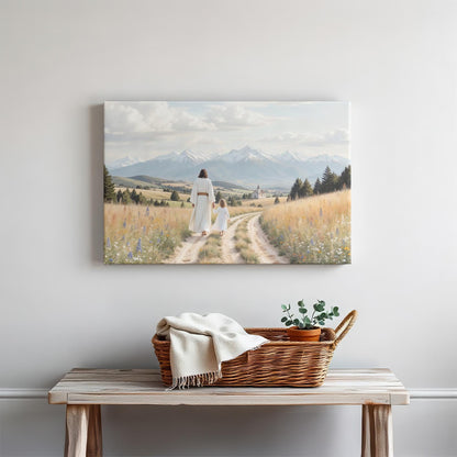 A cozy, minimalist space with a wooden table and plants. The canvas of Jesus and the child walking hand-in-hand along a scenic path with mountains in the distance adds a tranquil and uplifting touch to the room.background.