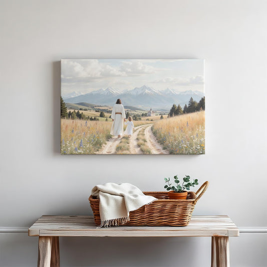 A cozy, minimalist space with a wooden table and plants. The canvas of Jesus and the child walking hand-in-hand along a scenic path with mountains in the distance adds a tranquil and uplifting touch to the room.background.