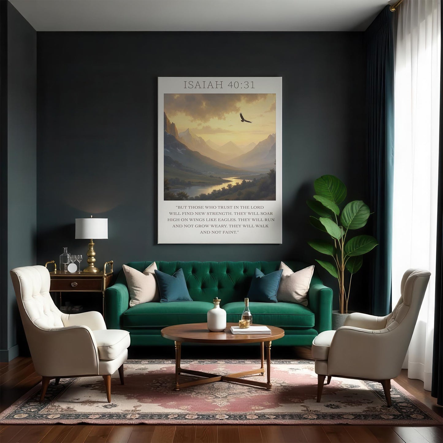 A cozy living room with a green velvet couch and stylish chairs, featuring the &quot;Isaiah 40:31&quot; canvas art on the wall. The landscape painting of mountains bathed in golden light, with an eagle soaring, creates a calm, inspiring atmosphere in the room.