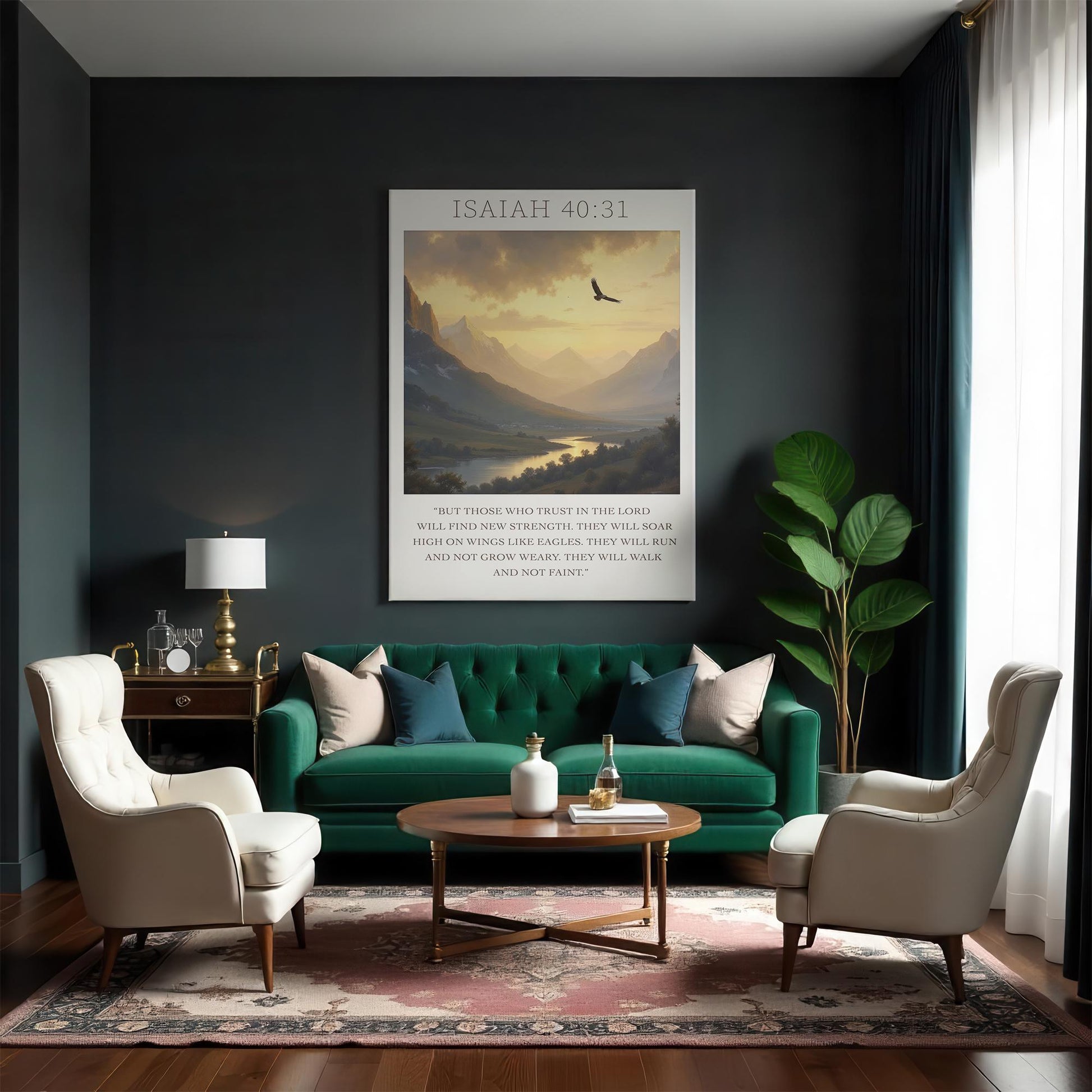 A cozy living room with a green velvet couch and stylish chairs, featuring the &quot;Isaiah 40:31&quot; canvas art on the wall. The landscape painting of mountains bathed in golden light, with an eagle soaring, creates a calm, inspiring atmosphere in the room.