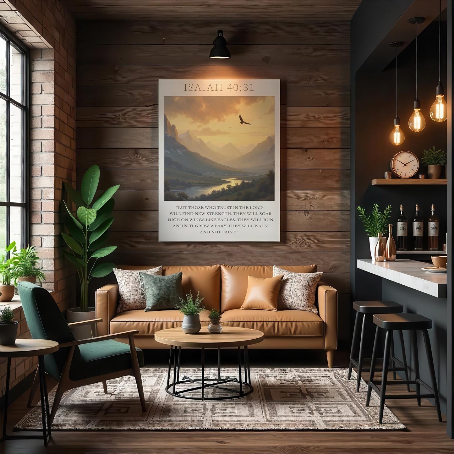 A modern and warm living space with a tan leather couch and vibrant plants. The &quot;Isaiah 40:31&quot; canvas art adds a spiritual touch, showcasing a peaceful mountain landscape with an eagle flying above, bringing a sense of hope and strength to the room.
