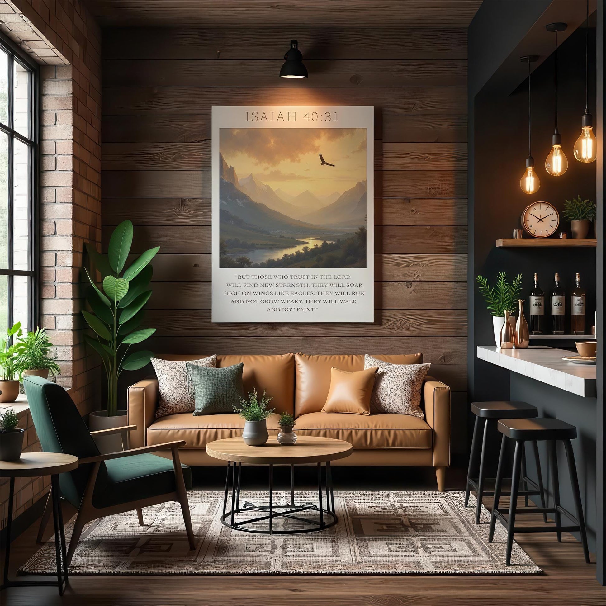 A modern and warm living space with a tan leather couch and vibrant plants. The &quot;Isaiah 40:31&quot; canvas art adds a spiritual touch, showcasing a peaceful mountain landscape with an eagle flying above, bringing a sense of hope and strength to the room.