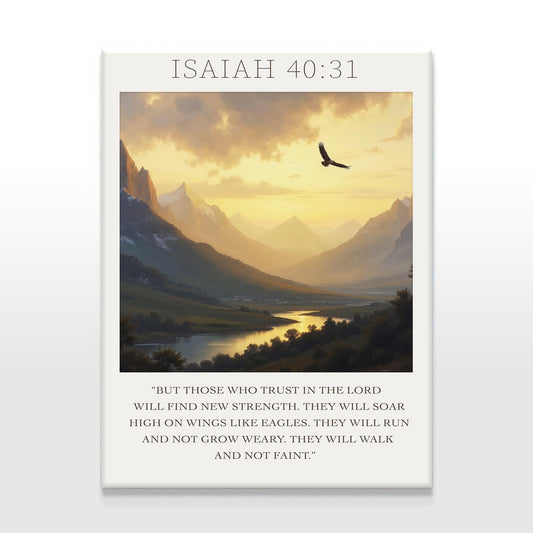 The &quot;Isaiah 40:31&quot; canvas artwork hangs on the wall, depicting a serene mountain view with an eagle soaring high. The scene evokes peace and tranquility, perfect for a calm, reflective space.