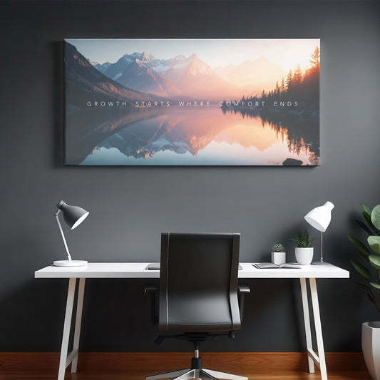 Office Wall Art | Motivational Quote Canvas | Mountain Sunrise Decor for Home Office | Peaceful Nature Wall Decor