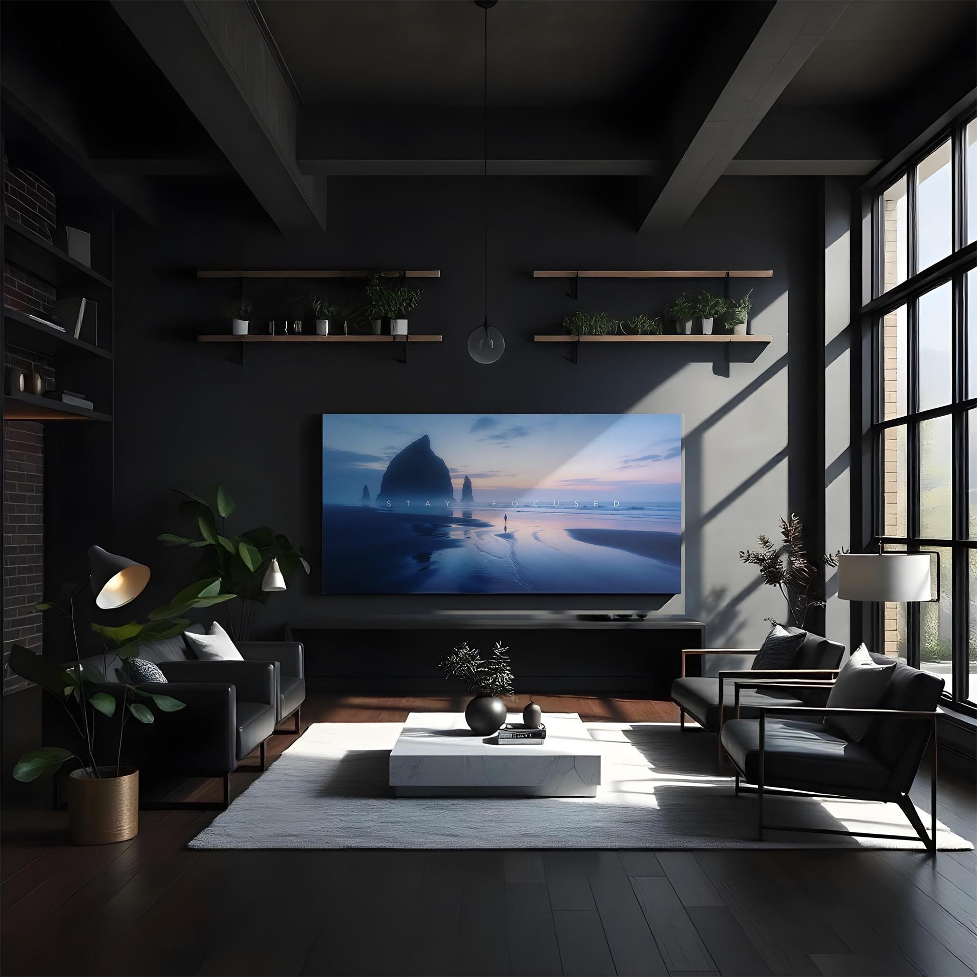 Living room with a modern aesthetic, showcasing a large canvas art piece of a tranquil beach scene at twilight, with natural light illuminating the room and a calm, serene atmosphere.