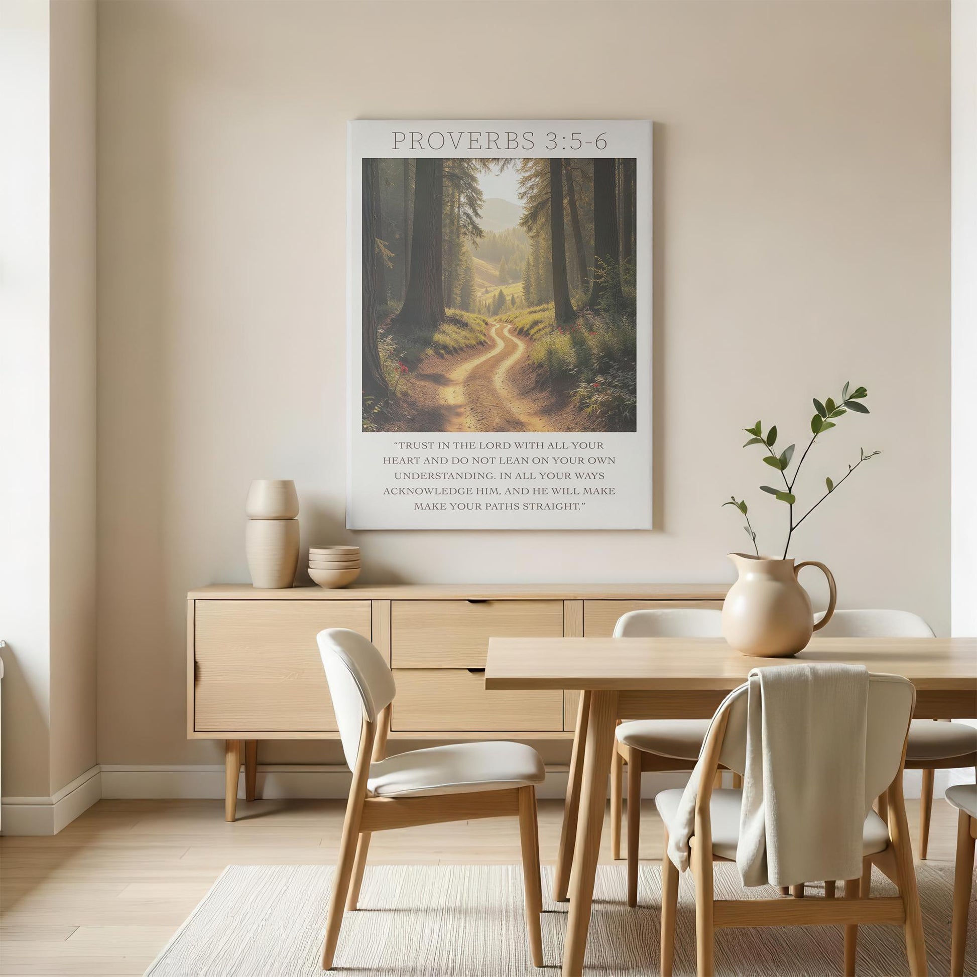 A bright, minimalist dining area with a natural wood table, featuring canvas art of a forest path and Proverbs 3:5-6, creating a calm, inspirational atmosphere.