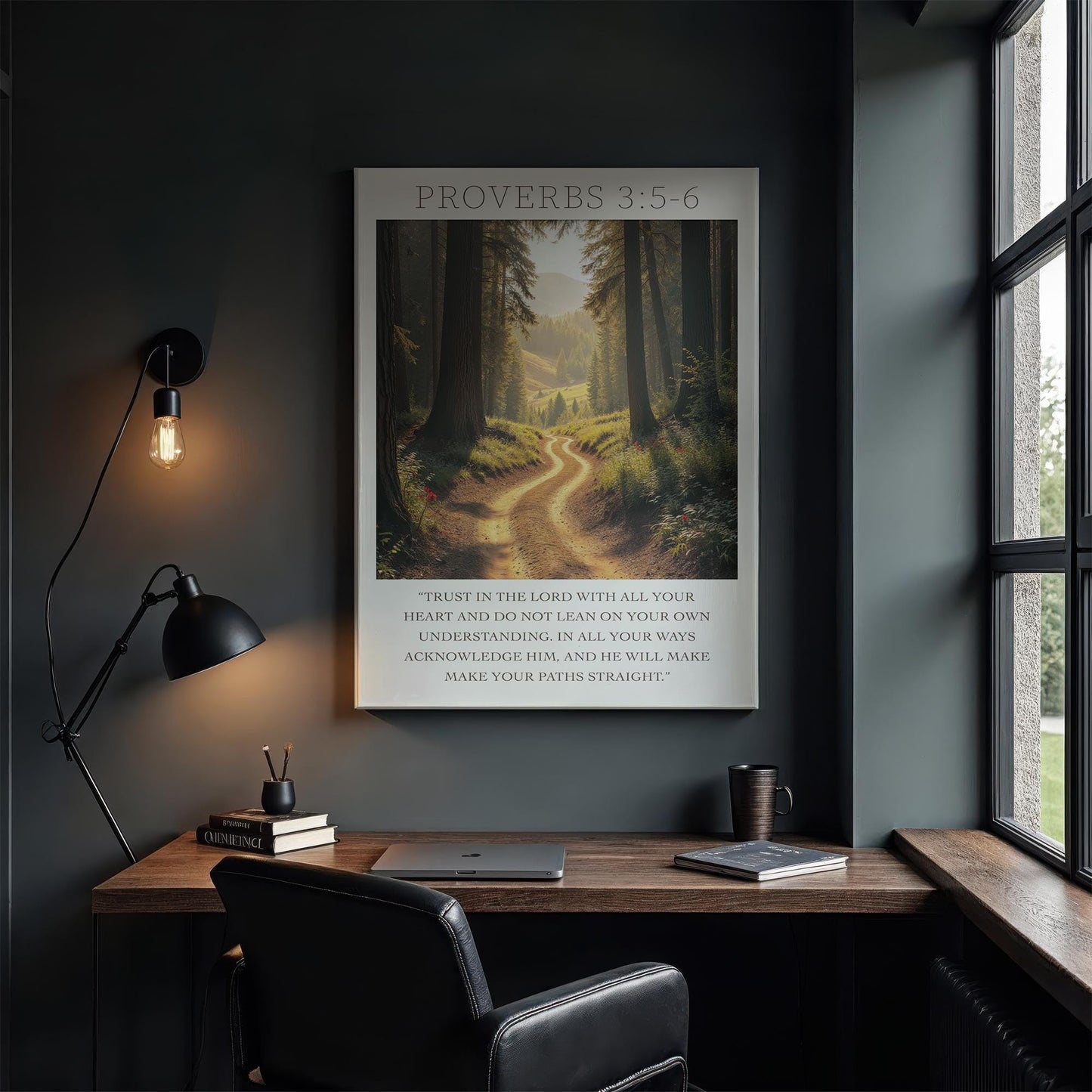 &quot;A modern office with a sleek desk and warm lighting, showcasing a canvas art of a forest path with Proverbs 3:5-6, inspiring peace and trust in one&#39;s journey.&quot;