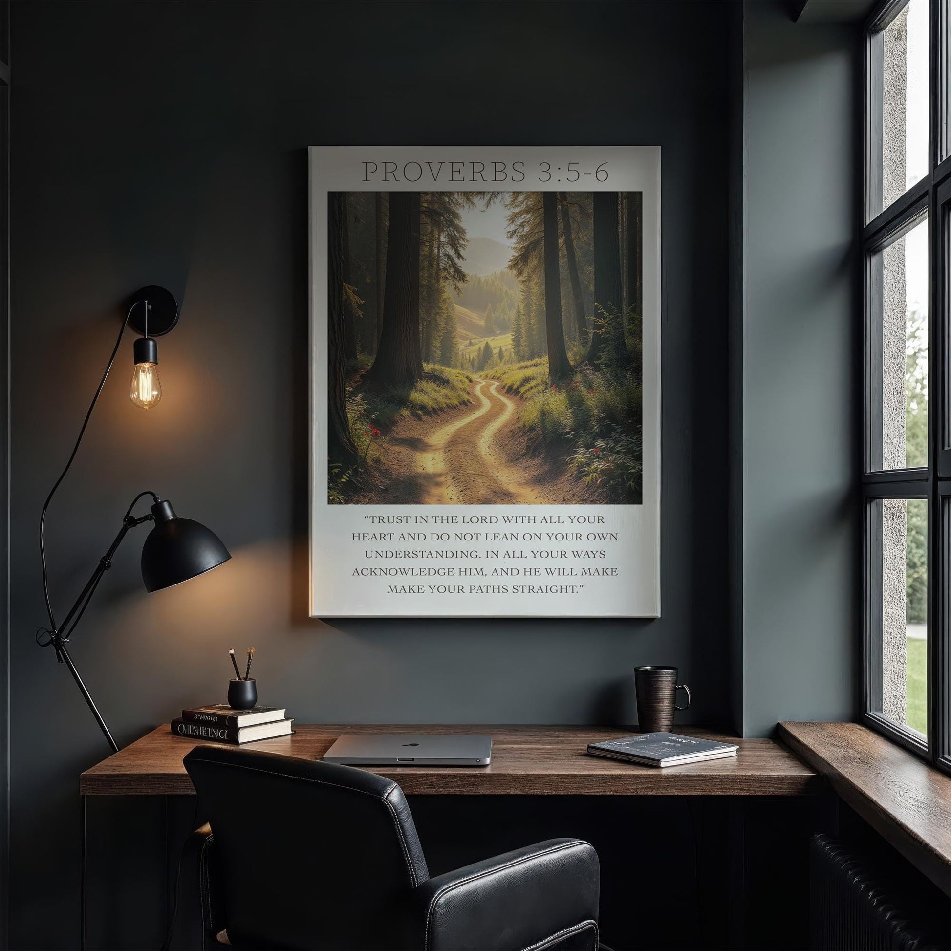&quot;A modern office with a sleek desk and warm lighting, showcasing a canvas art of a forest path with Proverbs 3:5-6, inspiring peace and trust in one&#39;s journey.&quot;