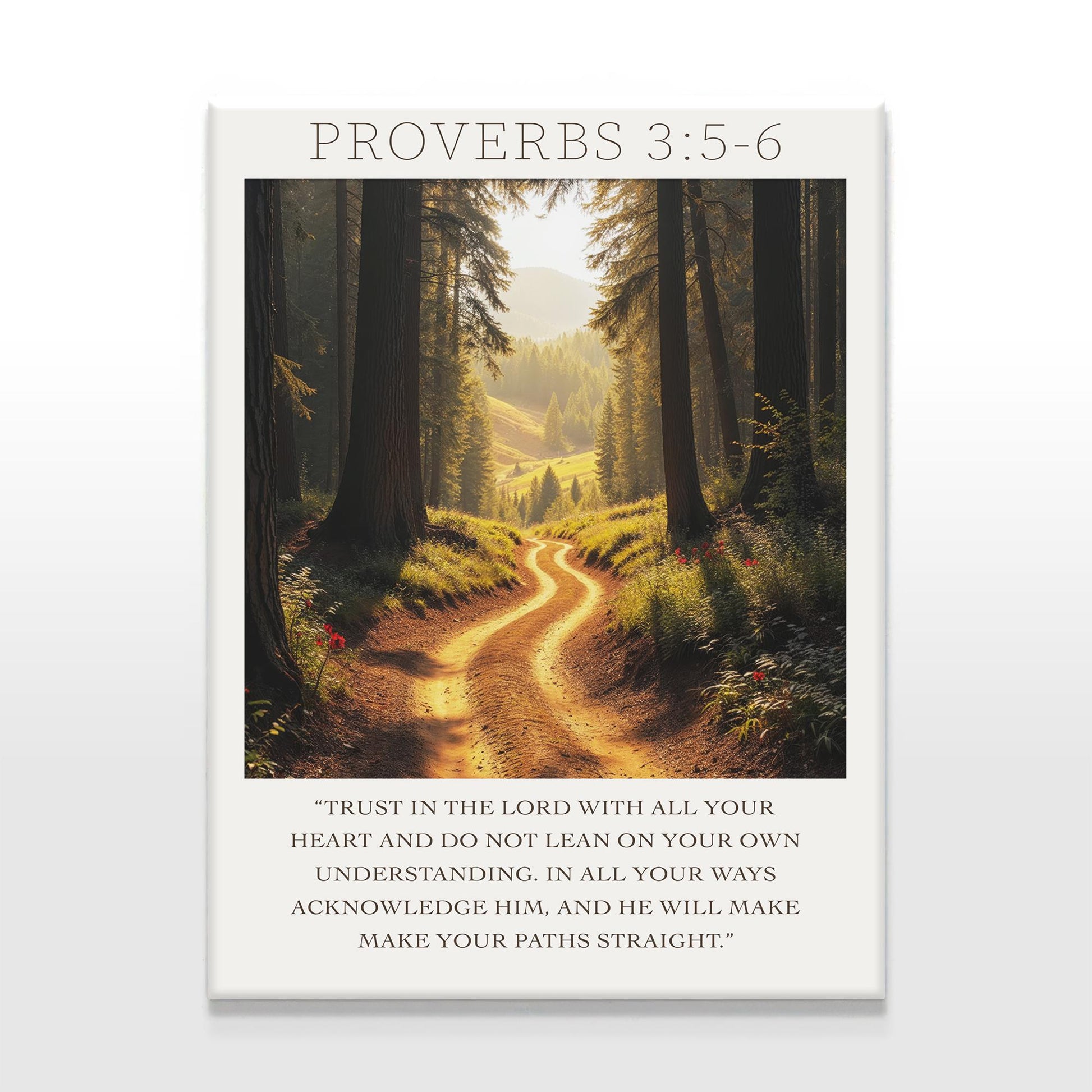 Canvas art featuring a beautiful forest path with soft sunlight filtering through trees, capturing a peaceful, reflective moment with Proverbs 3:5-6 written at the bottom.