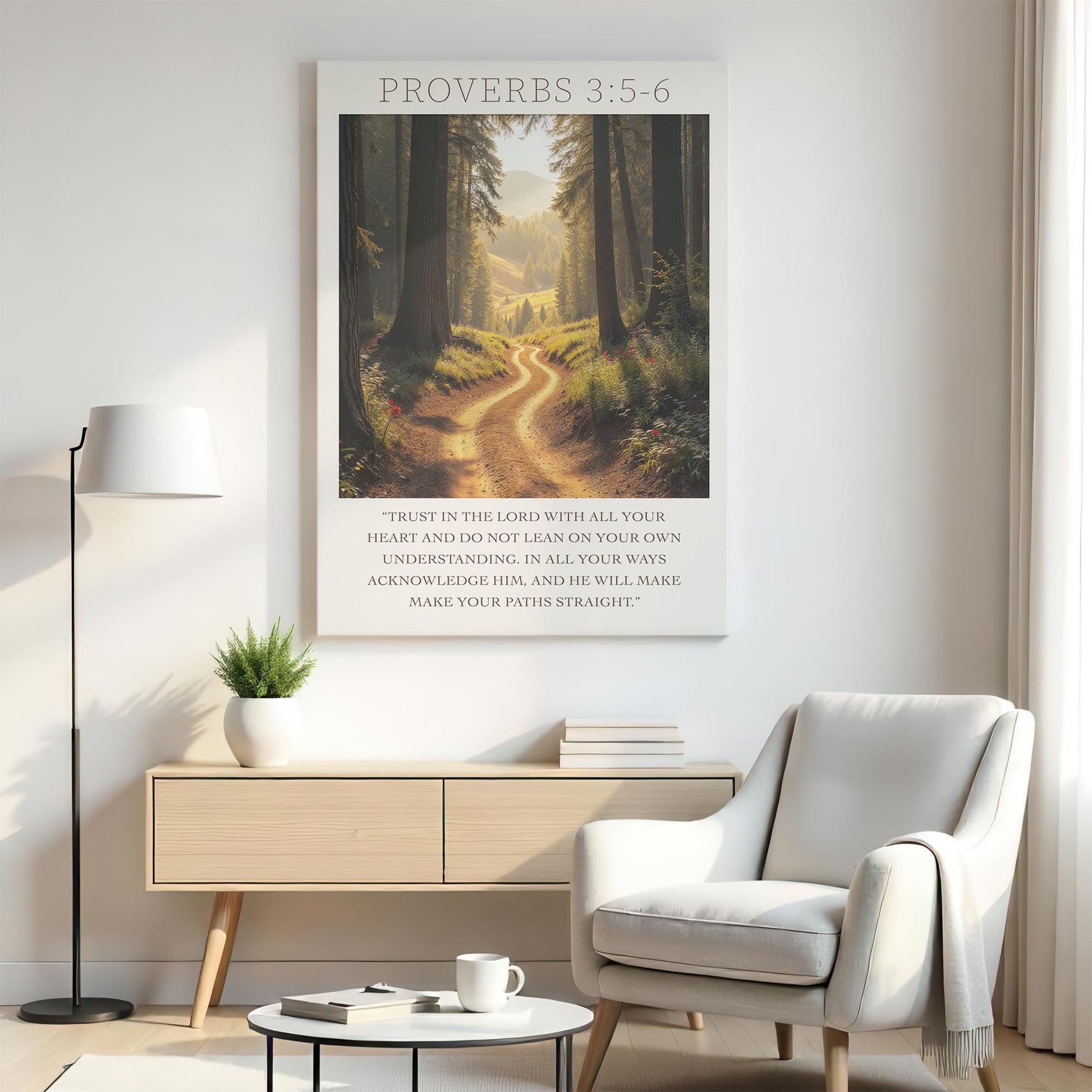 Cozy living room with neutral tones, featuring a canvas print of a forest path with Proverbs 3:5-6, evoking peace and trust in life’s journey.