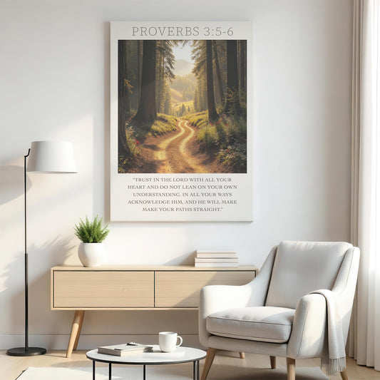 Cozy living room with neutral tones, featuring a canvas print of a forest path with Proverbs 3:5-6, evoking peace and trust in life’s journey.