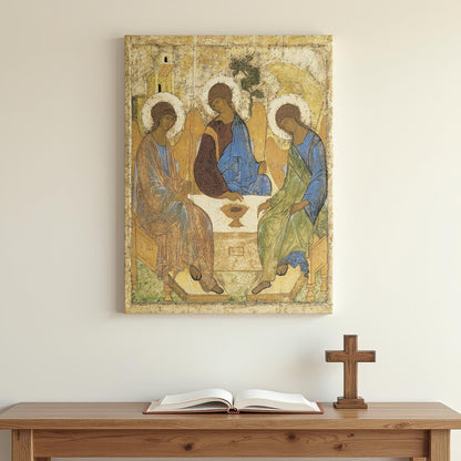 A beautifully framed Orthodox icon of the Holy Trinity by Andrei Rublev hangs on a minimalist white wall. Below, a wooden altar with an open Bible and a cross creates a serene prayer corner.