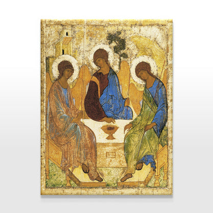 An Orthodox Holy Trinity icon canvas print, featuring Andrei Rublev’s masterpiece
